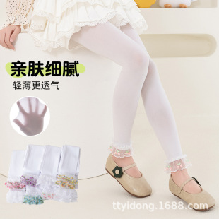 春夏款女童打底裤紧身外穿面膜舞蹈裤脚口蕾丝花边刺绣小花九分