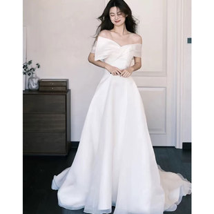 大码 简约气质白色礼服小拖尾轻奢迎宾纱 一字肩轻婚纱2025胖MM新款