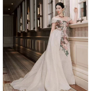 明星刘亦菲同款晚礼服大码一字肩长裙复古高级感拖尾礼服年会晚装