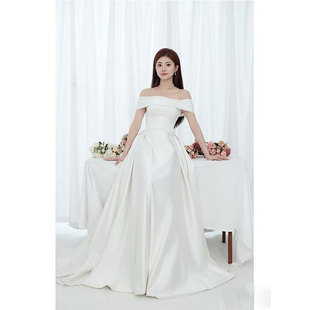 大码一字肩缎面婚纱女简约气质显瘦胖MM新娘轻婚纱高级感旅拍领证