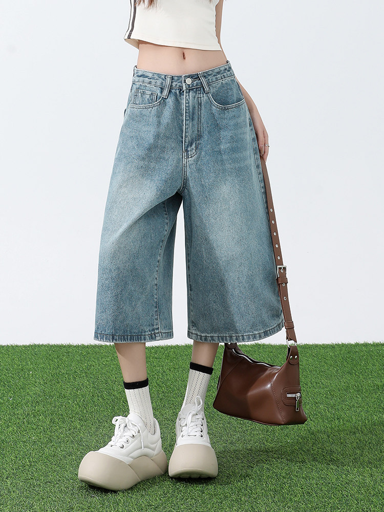 SUMMER THIN XINTANG HIGH-END CROPPED PANTS WOMENS SPRING AND AUTUMN LIGHT COLOR LARGE SIZE LOOSE WIDE-LEG MEDIUM PANTS SMALL JEANS