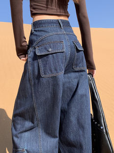 秋冬高腰阔腿工装牛仔裤女款2025新款小个子酷飒风设计感独特别致