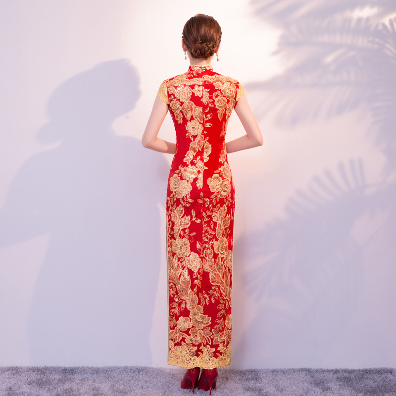 2024新款改良开叉夏季新娘结婚敬酒服长款修身妈妈走秀旗袍女连衣