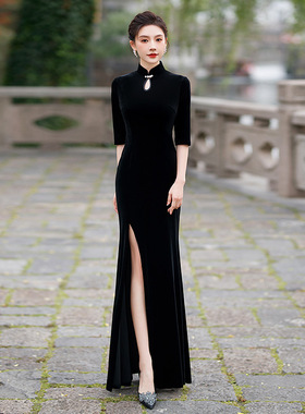 2025新款8865冬季黑色丝绒亮片舞台走秀旗袍裙复古七分袖
