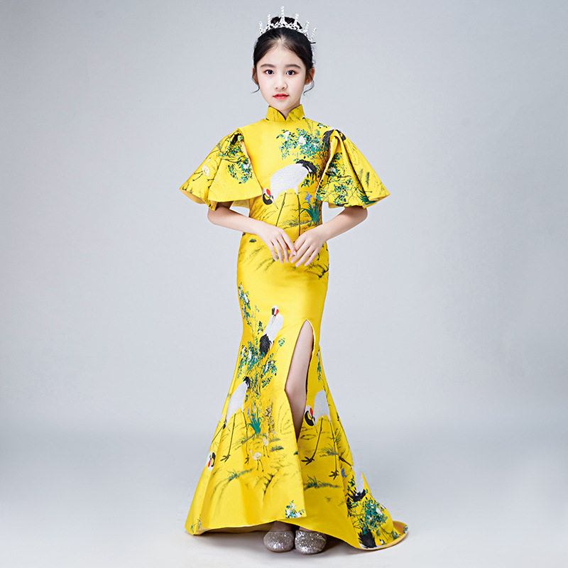 2026新款女童模特走秀拖尾礼服改良旗袍儿童晚礼服主持人演出服小图片