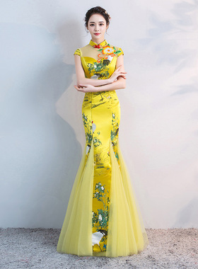 2025新款修身改良鱼尾旗袍长款黄色宴会晚礼服舞台走秀表演出
