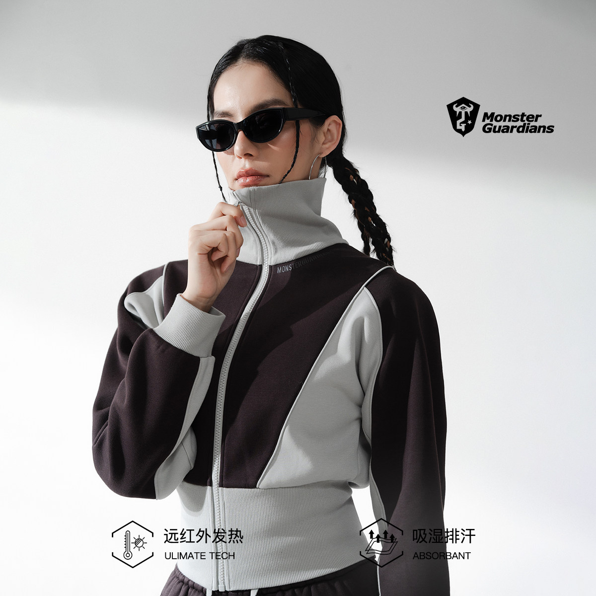 Monster Guardians恣意系列女秋冬吸湿排汗撞色拼接加绒卫衣套装