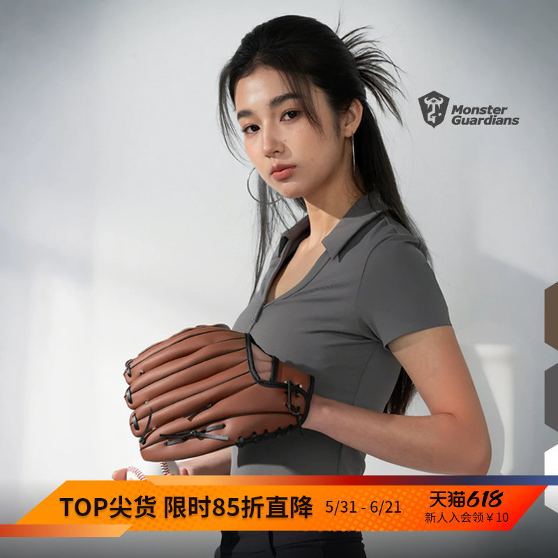 Monster Guardians女夏吸湿速干高弹V领polo修身运动T恤瑜伽健身