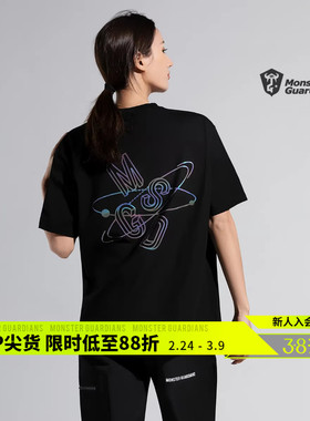 Monster Guardians 黑色显瘦运动T恤女 潮流炫光印花健身短袖宽松