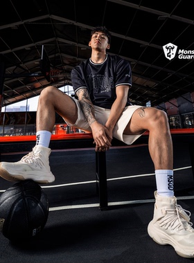 Monster Guardians 男子黑色潮流美式印花运动短袖圆领宽松T恤