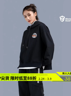 Monster Guardians 女子圆领加绒卫衣黑色宽松显瘦连帽运动卫衣