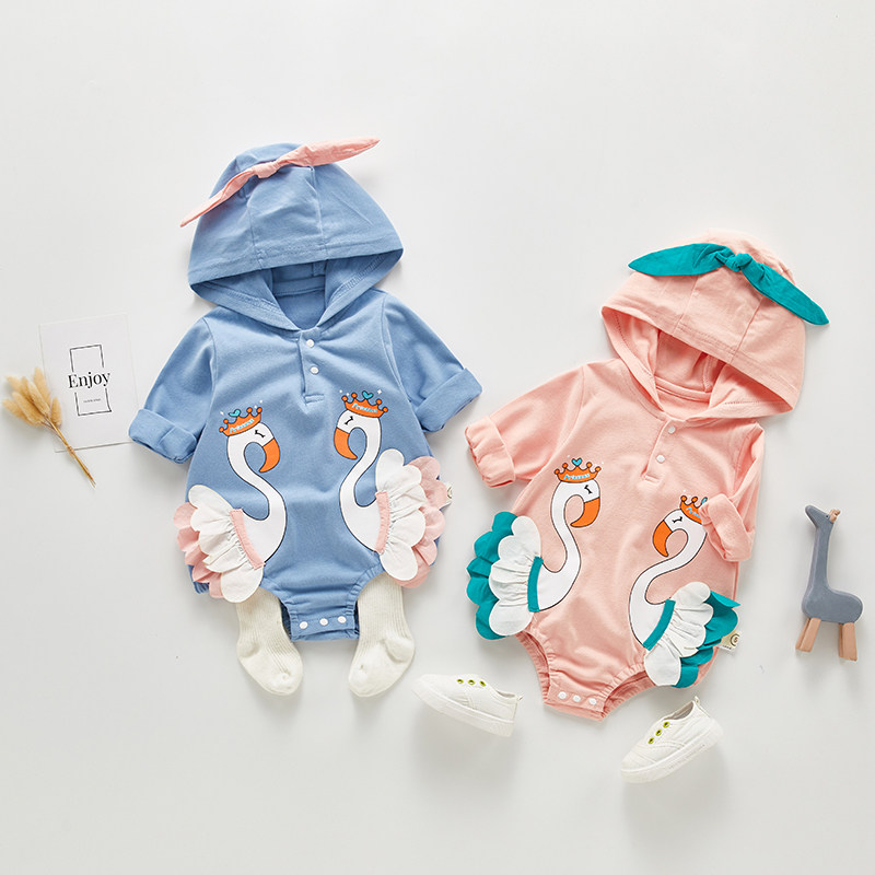 2020春秋季节新款纯棉宝宝连体衣可爱小天鹅三角包屁衣外出爬爬服