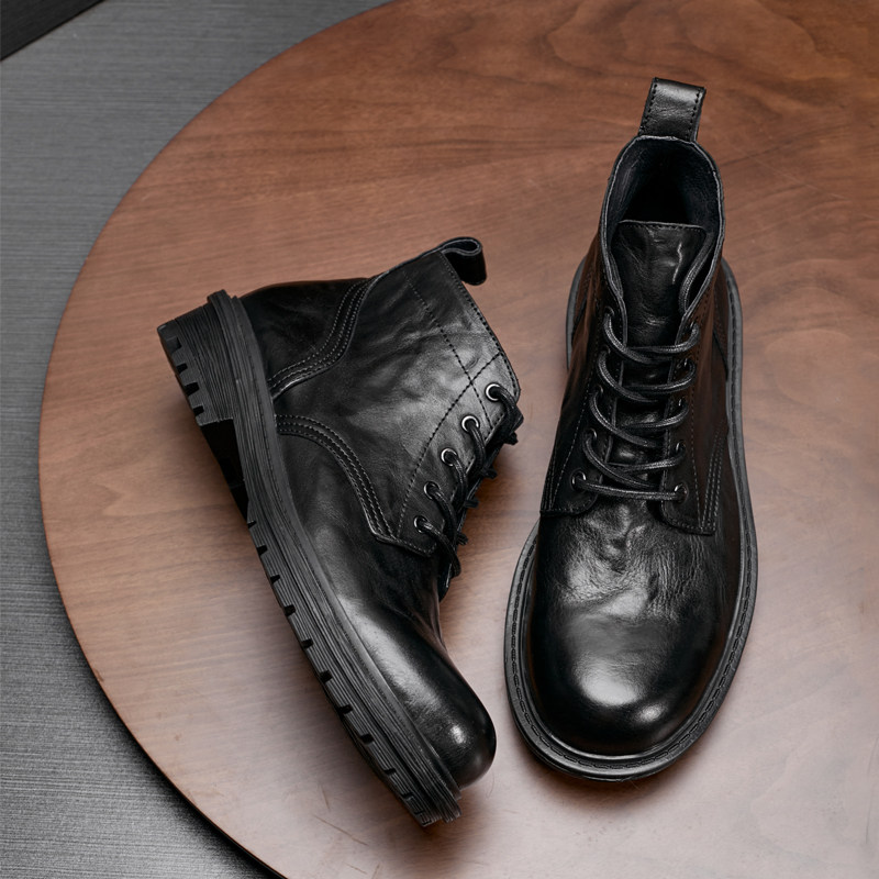 男靴真皮厚底黑色复古工装靴秋冬时尚高帮系带皮靴青年圆头马丁靴