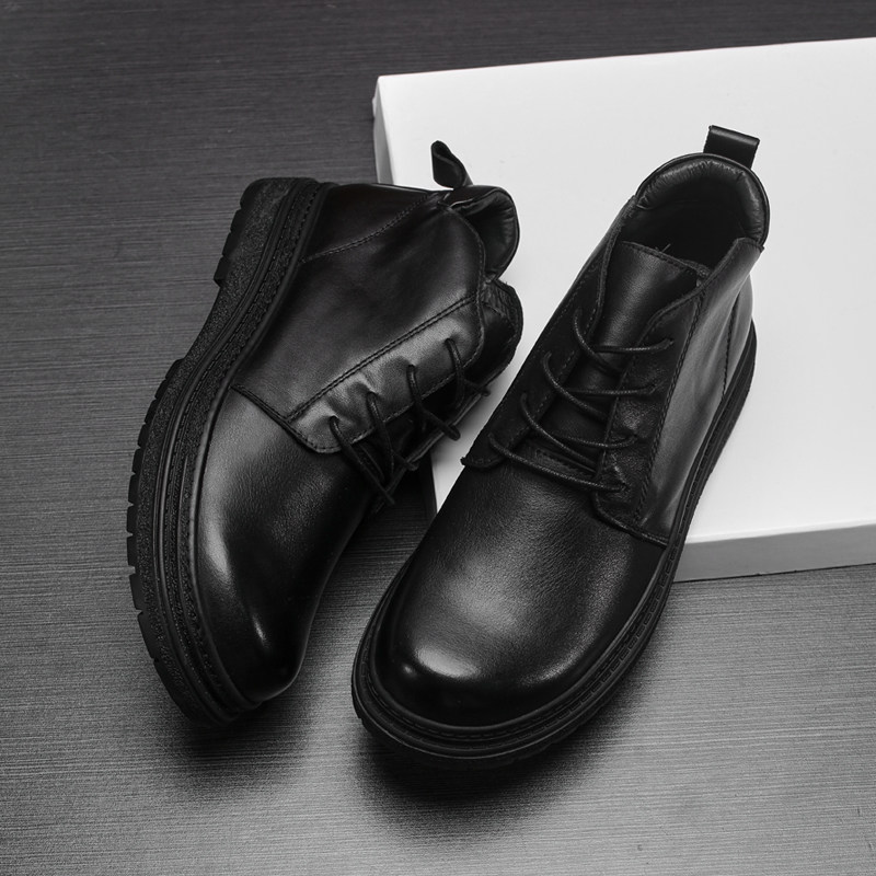 高帮男靴冬季真皮厚底休闲短靴黑色潮流圆头马丁靴系带青年靴子