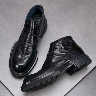 马丁靴男士高帮鞋男鞋秋冬2025新款真皮黑色厚底工装靴休闲皮靴潮