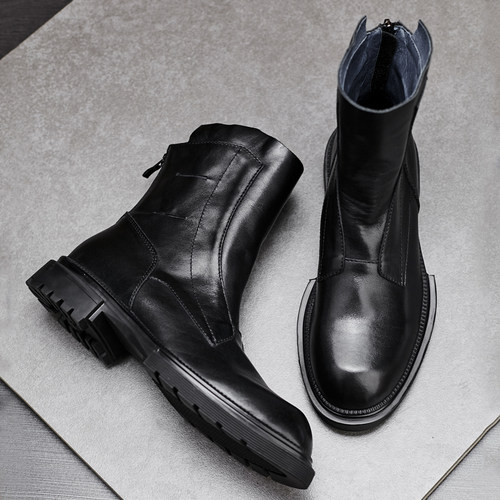 男靴秋冬加绒保暖真皮拉链马丁靴