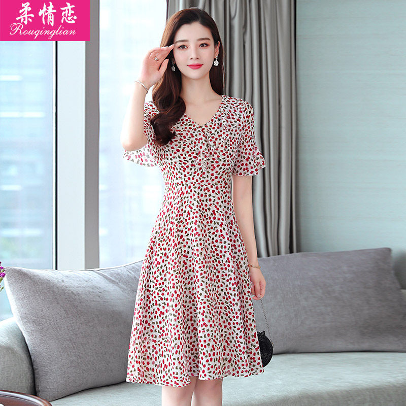 连衣裙女夏2020新款荷叶领樱桃印花雪纺收腰中长款裙子