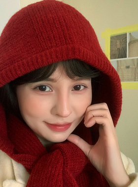 冬季帽子女士冬女款2025新款时尚洋气女生围巾一体冬天大头围红色