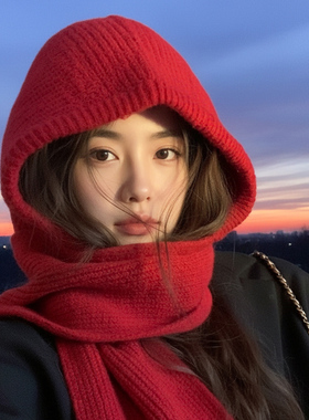 大头围帽子女士冬女款2025新款时尚洋气冬季围巾一体冬天红色韩系