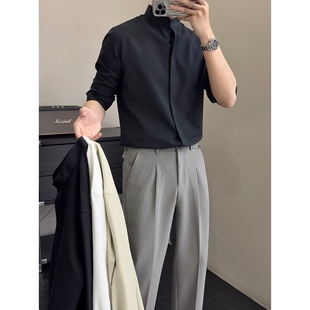 男装 男长袖 新中式 浅绿色泡泡纱衬衫 高级感轻熟风立领衬衣 夏季 薄款
