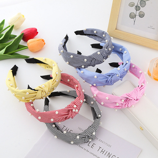 韩版珍珠格子发箍女甜美可爱少女头饰简约百搭外出压发洗脸发卡