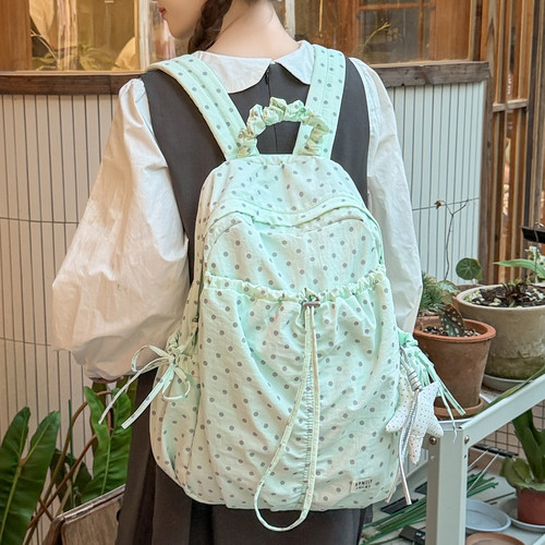 复古波点双肩包小众抽绳轻便书包