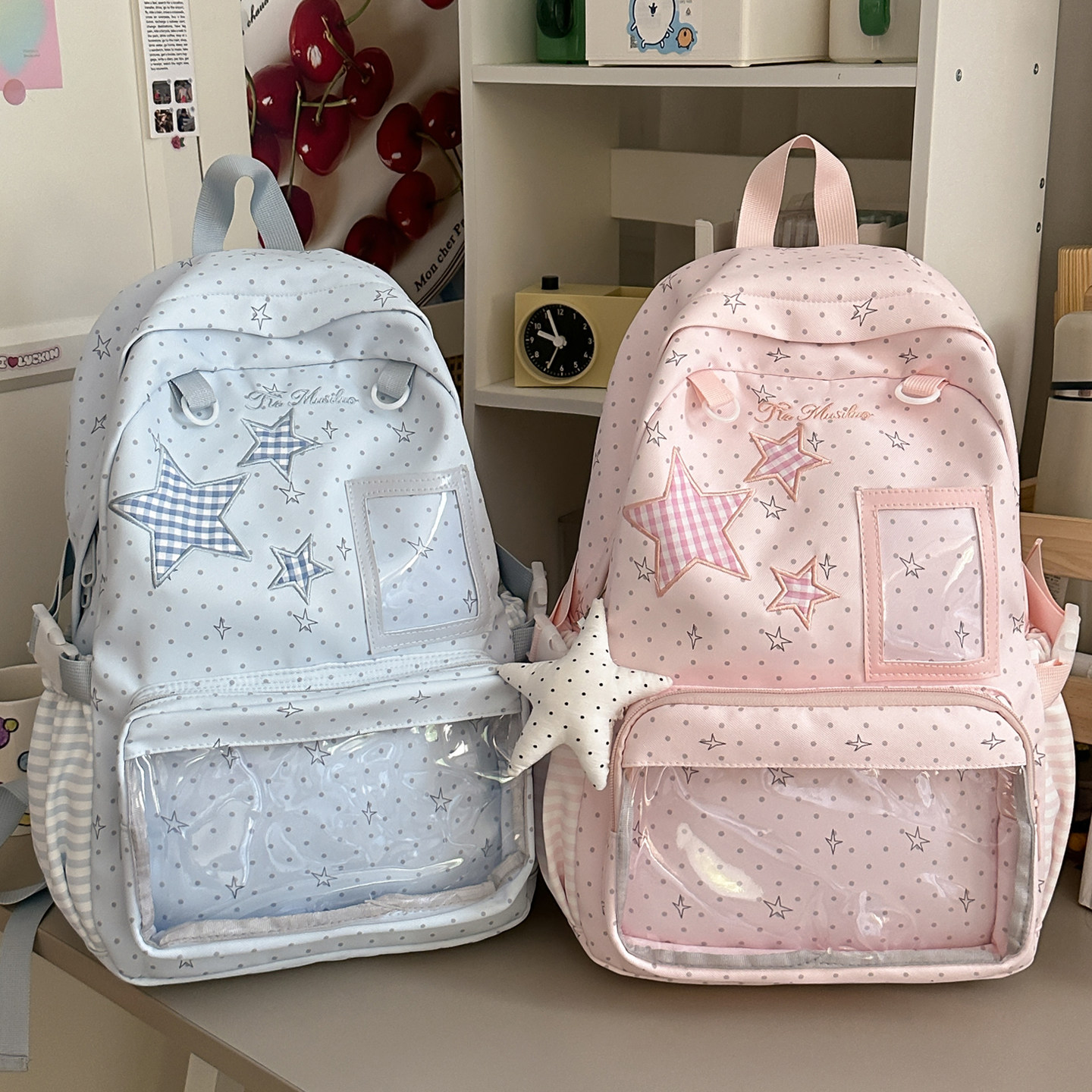 韩版潮流ins星星波点书包初中女生微痛双肩包女童小学生可爱背包