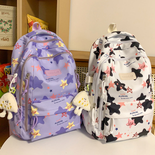 高颜值印花防水书包女初中高中大学生大容量减负双肩背包 夏日新品