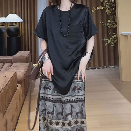 设计感小众蕾丝拼接醋酸短袖T恤女夏季大码胖MM宽松显瘦百搭上衣