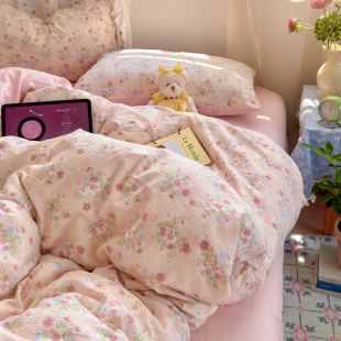 外贸专供双层纱床上四件套公主风被套格子学生宿舍床单床品三件套