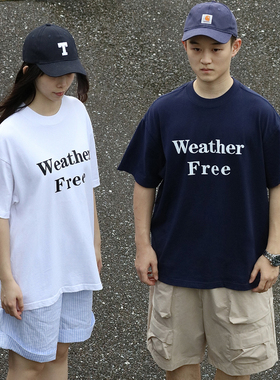 WeatherFree 夏季情侣装藏青白色短袖国潮t恤短袖男女字母印花