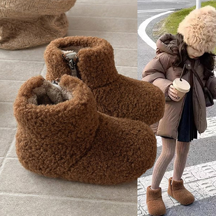 女童雪地靴绒面2026冬季新款毛毛鞋子加绒短靴保暖二棉小女孩棉靴