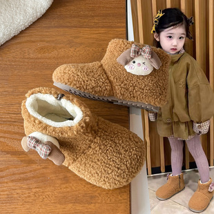 儿童加绒保暖棉靴中大童女孩羊羔毛短靴子潮 冬季 女童棉鞋 2025新款