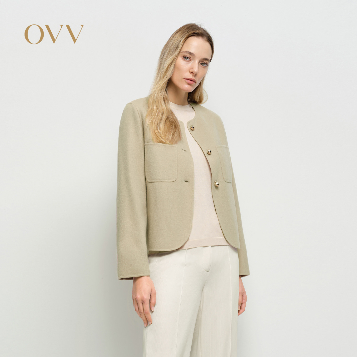 OVV春夏新款女装淡人柔软垂坠高支羊毛双面呢圆领夹克外套