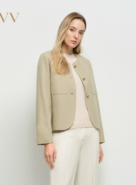 OVV2025春夏新款女装淡人柔软垂坠高支羊毛双面呢圆领夹克外套