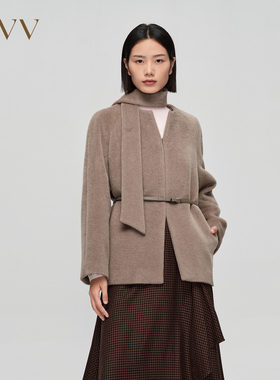 OVV秋冬新款女装可拆卸围巾点缀随附腰带短款羊毛大衣