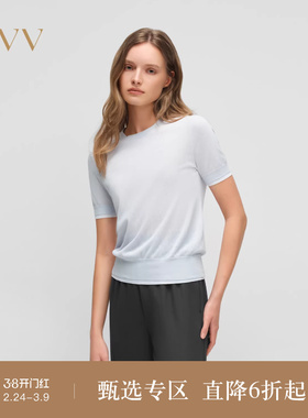 OVV2025春夏新款女装淡人轻盈假两件撞色圆领短袖休闲针织衫