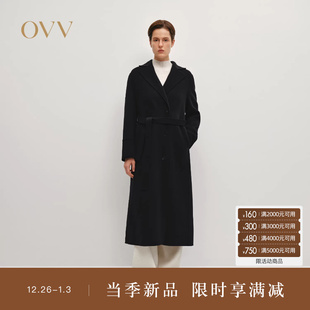 OVV秋冬热卖 优雅平驳领随附腰带中长羊毛双面呢大衣 女装