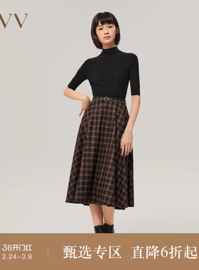 OVV秋冬女装简约复古优雅经典格纹皮扣半身裙伞裙