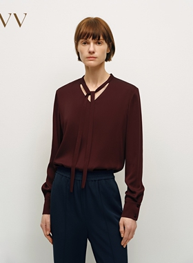 OVV春夏热卖女装简约V领飘带优雅通勤长袖休闲衬衫