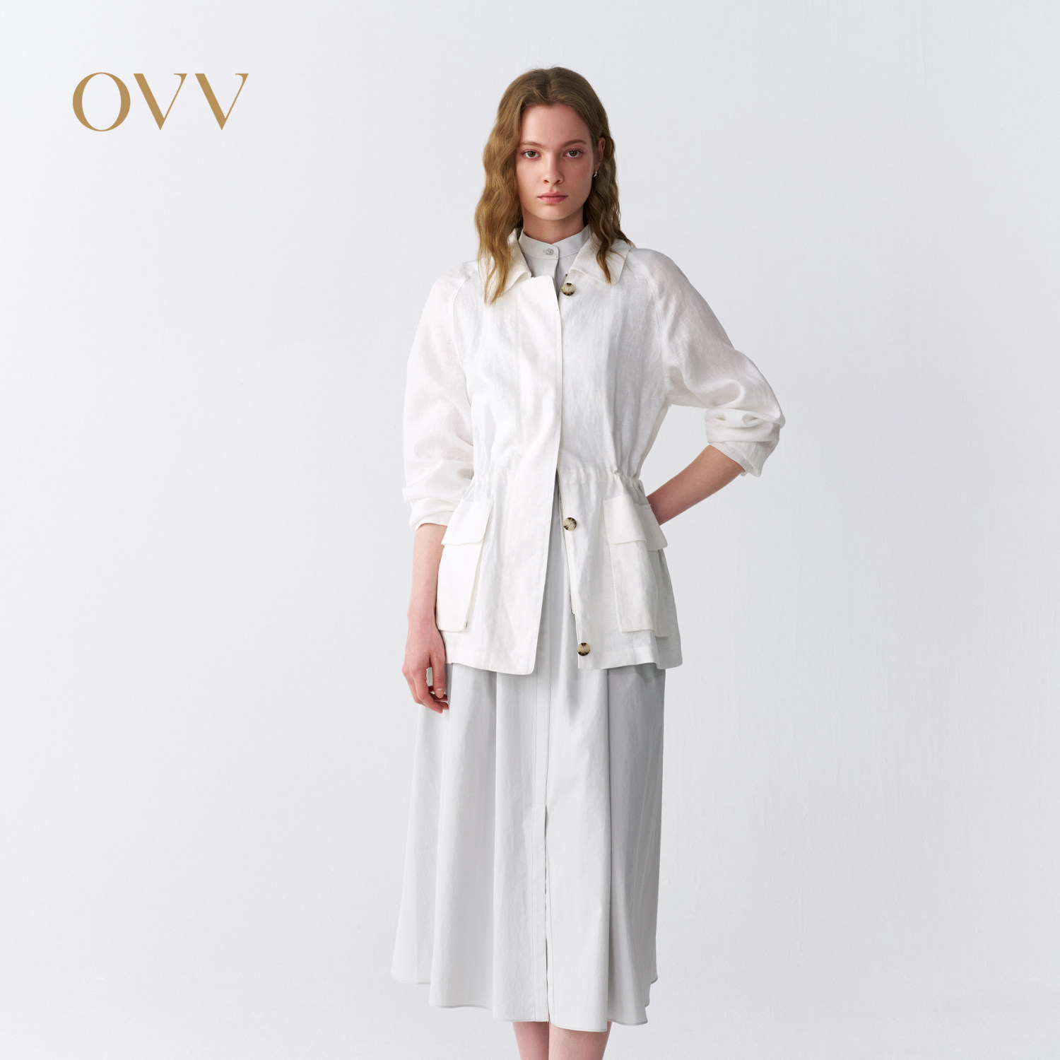OVV2026春夏新款女装优雅法式亚麻翻领休闲夹克外套