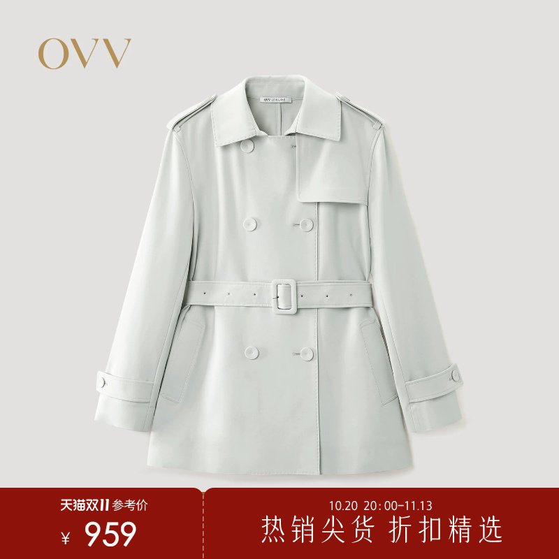 OVV秋冬热卖女装复合工艺随附腰带双排扣小翻领风衣