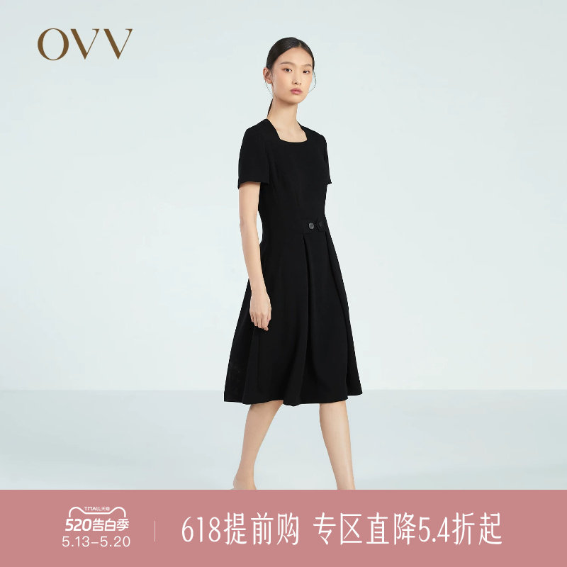OVV春夏热卖女装十字纹醋酸复古优雅方领小黑裙短袖连衣裙
