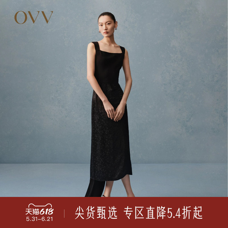OVV春夏热卖女装方领宽肩带小黑裙优雅简约无袖连衣裙