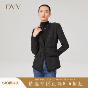 OVV秋冬热卖 黑色亮葱织带镶边收腰深V夹克GWJFJ31105A