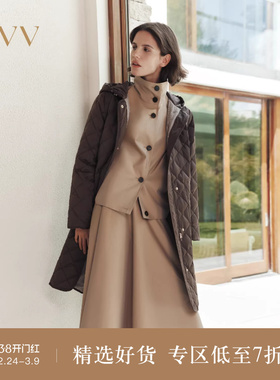 OVV2025秋冬新款女装连帽撞色织带小菱格大口袋羽绒服