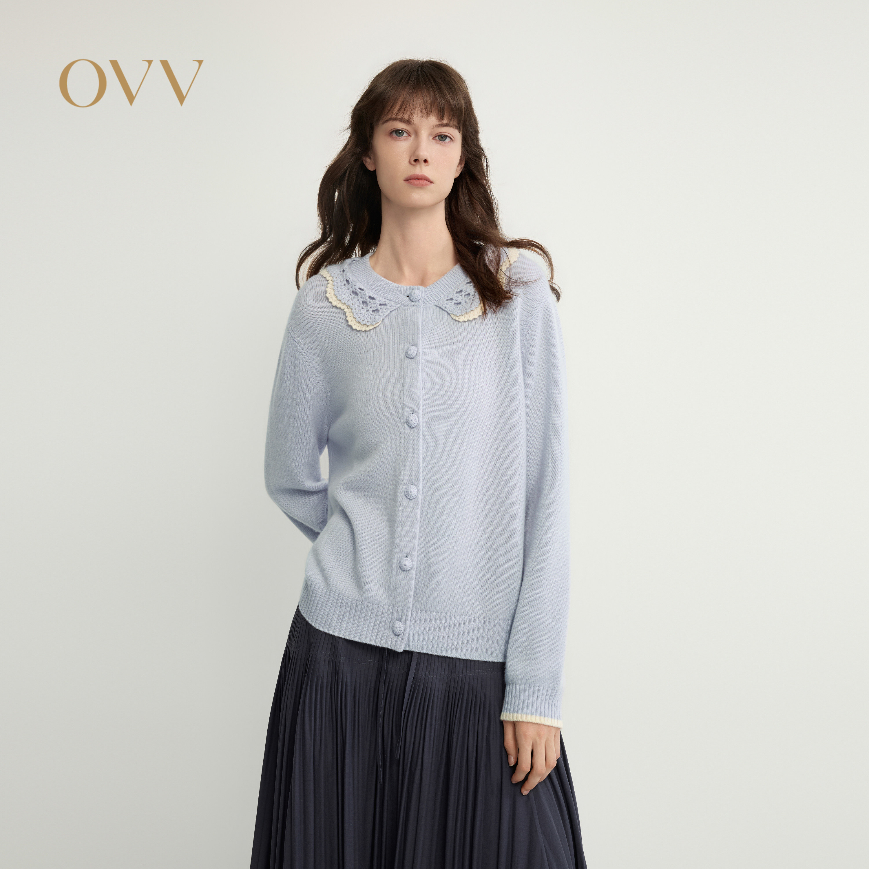 OVV2026秋冬新款女装双层镂空蕾丝花边领休闲羊绒衫