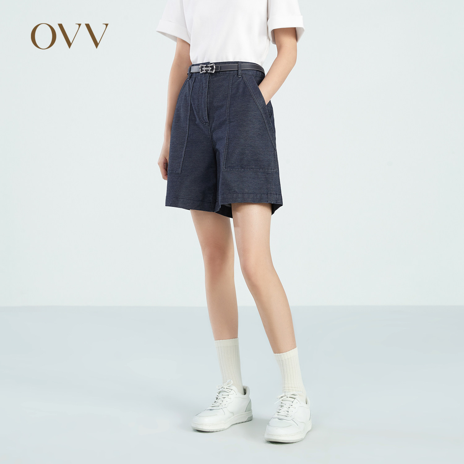 OVV春夏热卖女装经典高级丹宁针织A字牛仔短裤