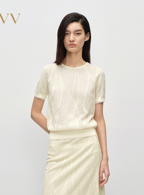 OVV2025春夏新款女装淡人轻薄舒适仿蕾丝花型圆领短袖针织衫