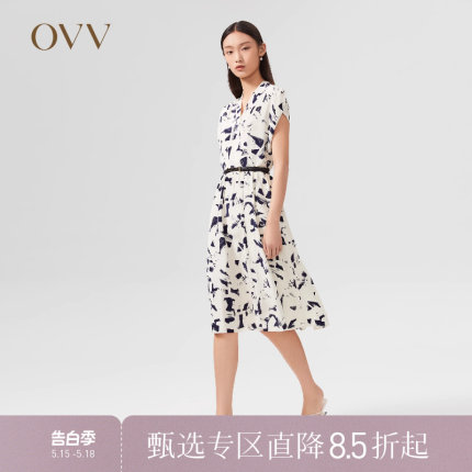 【抽象笔刷印花】OVV22春夏新款女装23MM重绉真丝包肩短袖连衣裙